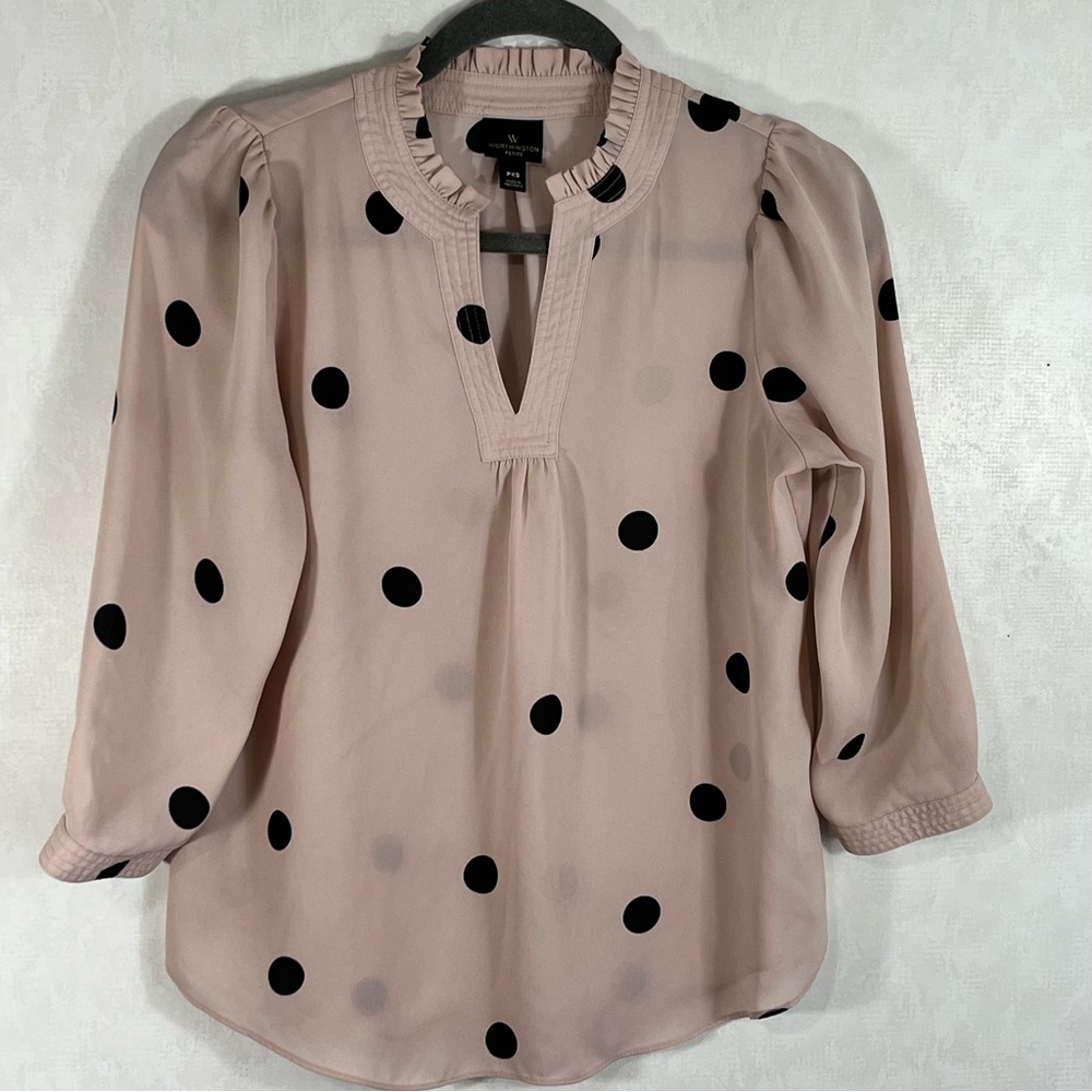 Worthington Pink Polka Dot Blouse Ruffled 3/4 Sleeves V-Neck Ruffled Neckline